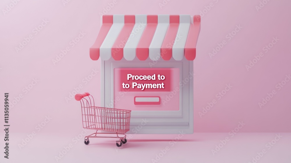 Poster Pink Store Front Displaying Payment Prompt With Cart