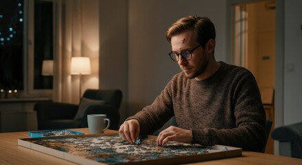 Young caucasian male completing puzzle indoors with cozy lighting