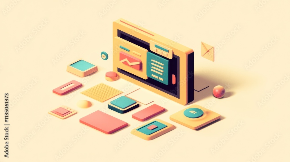 Poster isometric illustration of a modern web interface design