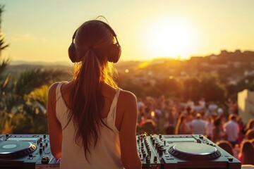 Fototapeta premium DJ woman playing electronic music at an outdoor party