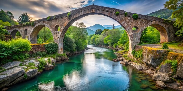 Minimalist Capture of the Ancient Roman Bridge of Cangas de Onis in Asturias, Spain, Surrounded by Lush Greenery and Serene Waters Under a Clear Blue Sky