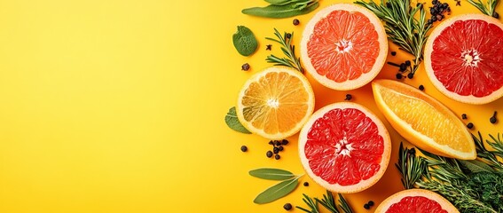 Vibrant Composition of Fruits, Vegetables, and Herbs on Yellow Background. AI generated illustration