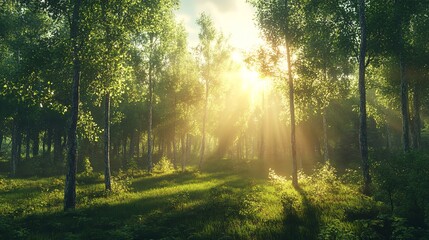 Obraz premium Tranquil Misty Forest with Enchanting Sun Rays Piercing Through Mystical Trees