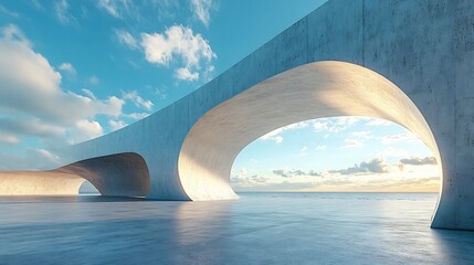 Obraz premium Futuristic Architectural Landscape with Concrete Structures and Blue Sky Backdrop