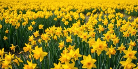 Vibrant yellow daffodil flowers blooming in a vast field, sunny, blooming, vibrant