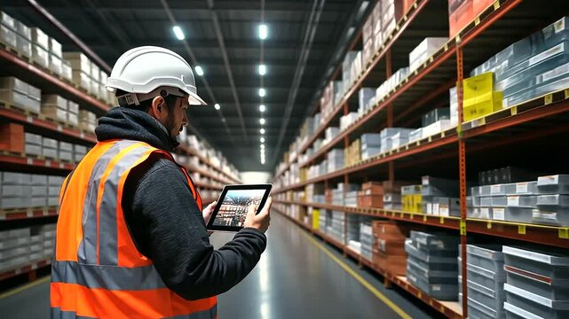 A modern warehouse filled with goods; a loader with a reflective vest and white helmet inspects a tablet screen in front of stocked shelves, with high-tech and wholesale themes.