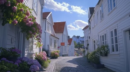 Picturesque White Town Alley with Flowers