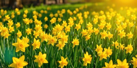Bright yellow daffodil flowers blooming in a lush green field under the warm sun, nature, Daffodil, freshness