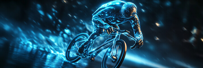 A glowing cycling icon with a racing tortoise, representing online platforms exploring endurance and speed in sports science.  