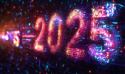 Fototapeta premium Neon 2025 date on digital grid background.