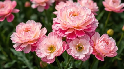 Close-up photo of pink and white ranunculus flowers blooming beautifully in a garden, vibrant, plant, nature