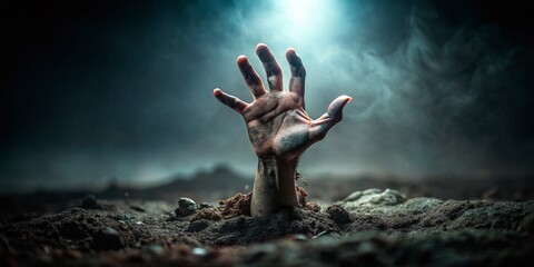 Minimalist Halloween Zombie Hand Emerging from the Ground in a Dark Setting with Subtle Shadows and a Spooky Atmosphere, Perfect for Halloween-Themed Projects and Decor