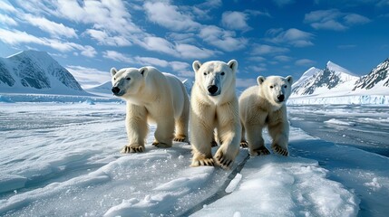 Naklejka premium Three Polar Bears Walking on Arctic Ice, Majestic Mountain Backdrop
