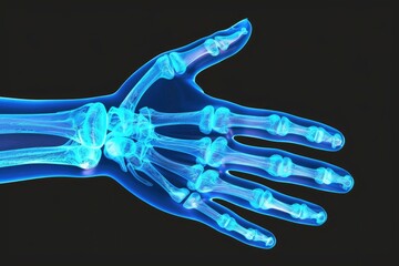 X-Ray of Human Hand Bones with Blue Glow on Black Background