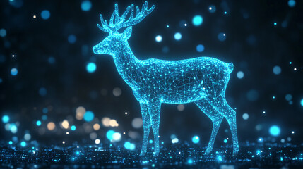 A glowing deer icon surrounded by habitat data, representing online wildlife observation platforms, conservation tools, and ecological research resources. 
