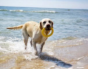 Labrador with a toy on the beach on a sunny day