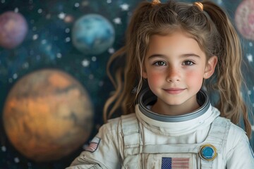 A girl in an astronaut suit, standing in front of a backdrop of stars and planets, holding a toy space helmet -