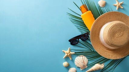 UV Safety Awareness Month. High angle view photo of sun protection lotion, sunglasses, straw hat and marine shells with palm leaf on light blue isolated background