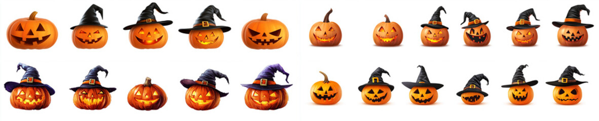 Set of Halloween pumpkins with witch hats, isolated on a white background