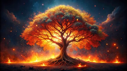 Glowing Tree of Life in Flames - Captivating Fire Tree Imagery for Nature Lovers and Mystical Landscapes