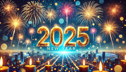 2025 New Year Celebration Golden Number And Fireworks At Blue Eve Night In Abstract Defocused Lights