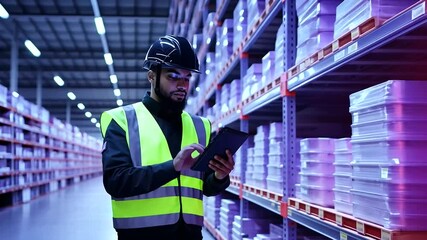 A loader in a reflective vest and helmet stands near a fully stocked warehouse shelf, closely examining a tablet for inventory data, surrounded by bright space and text room. - Powered by Adobe