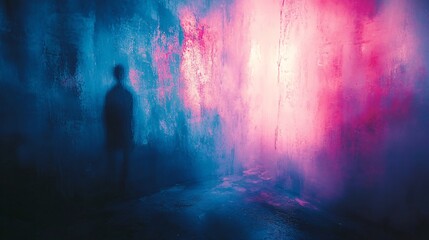 Neon Shadow Figure in Grunge Room