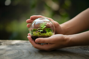 Mental health awareness prevention positivity concept. A person holding a glass terrarium with green fern and moss inside.