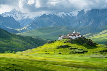 Fototapeta premium A secluded monastery is situated on a hillside, surrounded by vibrant green fields and towering mountains, creating a peaceful and picturesque landscape.