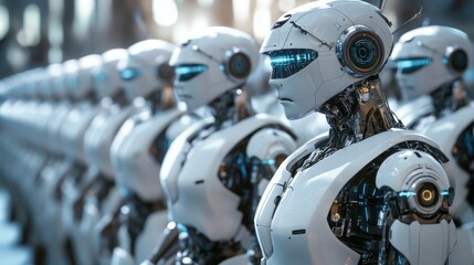 Fototapeta premium A uniform line of humanoid robots stands in a futuristic environment. The detailed design and robotic precision convey the power of artificial intelligence and automated technology.. AI Generation