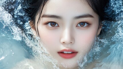 Womans face emerges from water bubbles softly