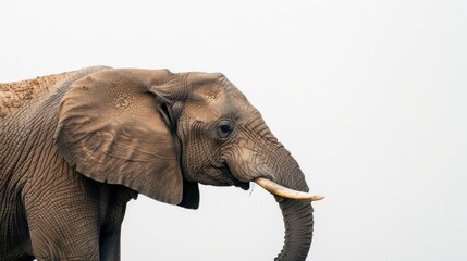 An elephant from a side profile showing its trunk against a white background, captured with Nikon D3500 --ar 16:9 --v 6 Job ID: a7fa92d7-76c6-4595-be18-849315cef4ac