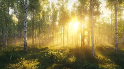 Tranquil Misty Forest with Enchanting Sun Rays Piercing Through Mystical Trees