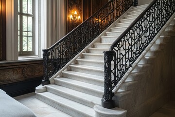 Obraz premium A grand staircase featuring a wrought-iron railing with beautiful geometric designs in a well-lit interior setting