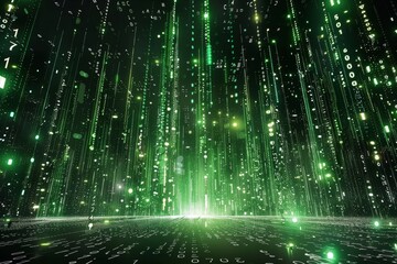 A mesmerizing display of green binary digits flowing from above, immersing the viewer in a futuristic digital landscape filled with glowing elements.