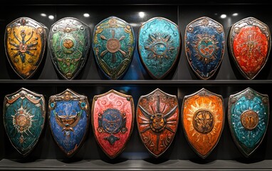 Twelve uniquely painted shields showcase symbolic tribal folklore designs on a dark background.