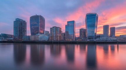 Fototapeta premium London Skyline Reflecting in Pink Sunset Water