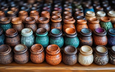 Ritual bowls featuring intricate tribal engravings are arranged neatly, showcasing various colors and designs for sale