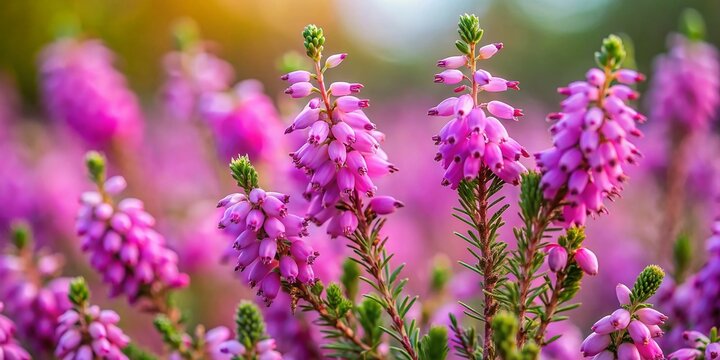 Minimalist Photography of Erica x darleyensis with Abundant Purple Pink Flowers in Soft Natural Light Amidst Subtle Background for Nature Lovers and Garden Enthusiasts