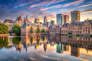Naklejka premium Minimalist Photography of The Hague City Centre Skyline with Clean Lines and Soft Colors Capturing the Essence of Urban Architecture and Modern Living in the Netherlands