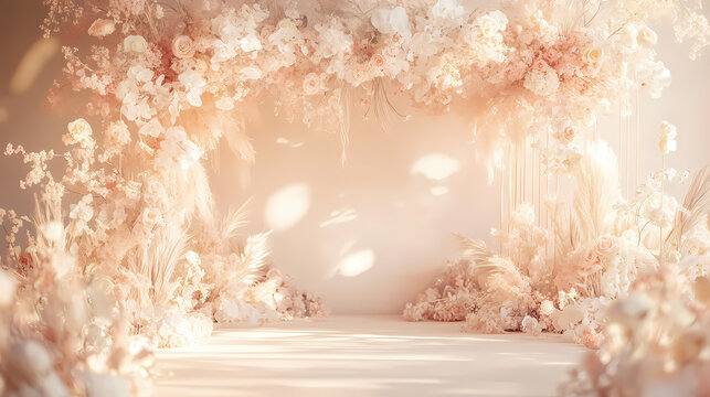 Wedding background with elegant floral decorations, soft pastel tones. invitations and wedding decor. Blissful. Illustration