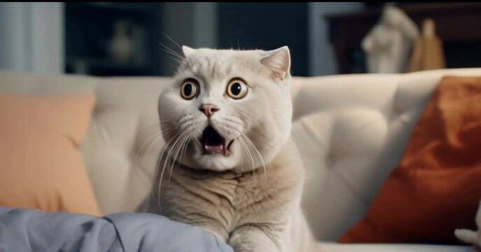 Surprised cat with wide eyes and open mouth sitting on a cozy sofa, symbolizing humor, shock, and funny pet moments