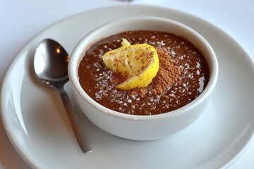 A bowl of arroz doce (Portuguese rice pudding) topped with cinnamon and garnished with lemon zest.