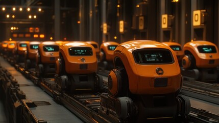 Rows of small orange robots on a factory conveyor belt.