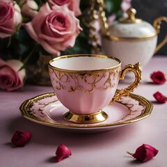 A decorative Pink coffee cup and rose flowers