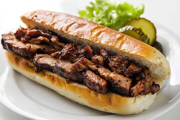 A Portuguese bifana sandwich with marinated pork and fresh bread.
