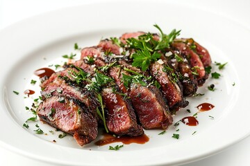 Slices of South African biltong beef jerky arranged on a white plate, garnished with fresh herbs.