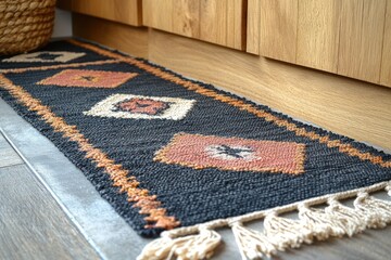 Concrete floors are enhanced by a stylish rug, creating a warm and inviting atmosphere in a setting