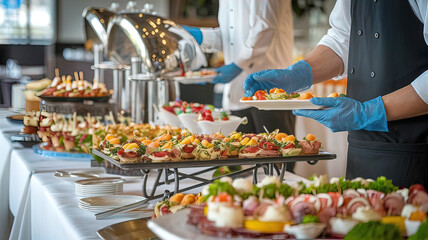 Obraz premium Waiter's hands in rubber gloves preparing food for buffet in restaurant. Catering company arranges various snacks on serving table. professional catering event