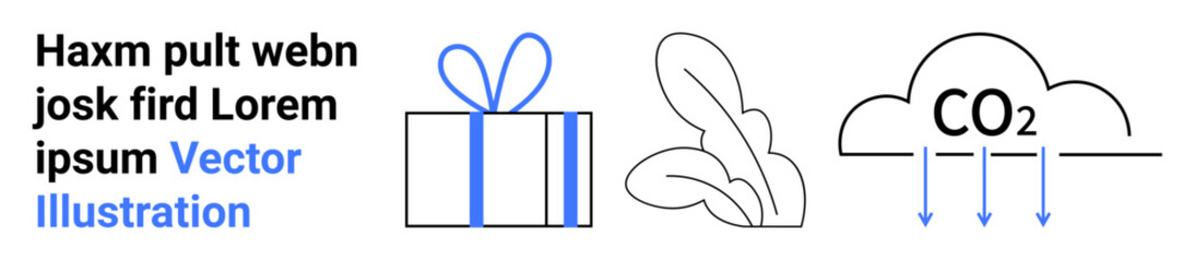 Present box with ribbon, plant leaves, and CO2 emissions cloud next to placeholder text block. Ideal for education, environmental awareness, gift-giving, carbon footprint, sustainability